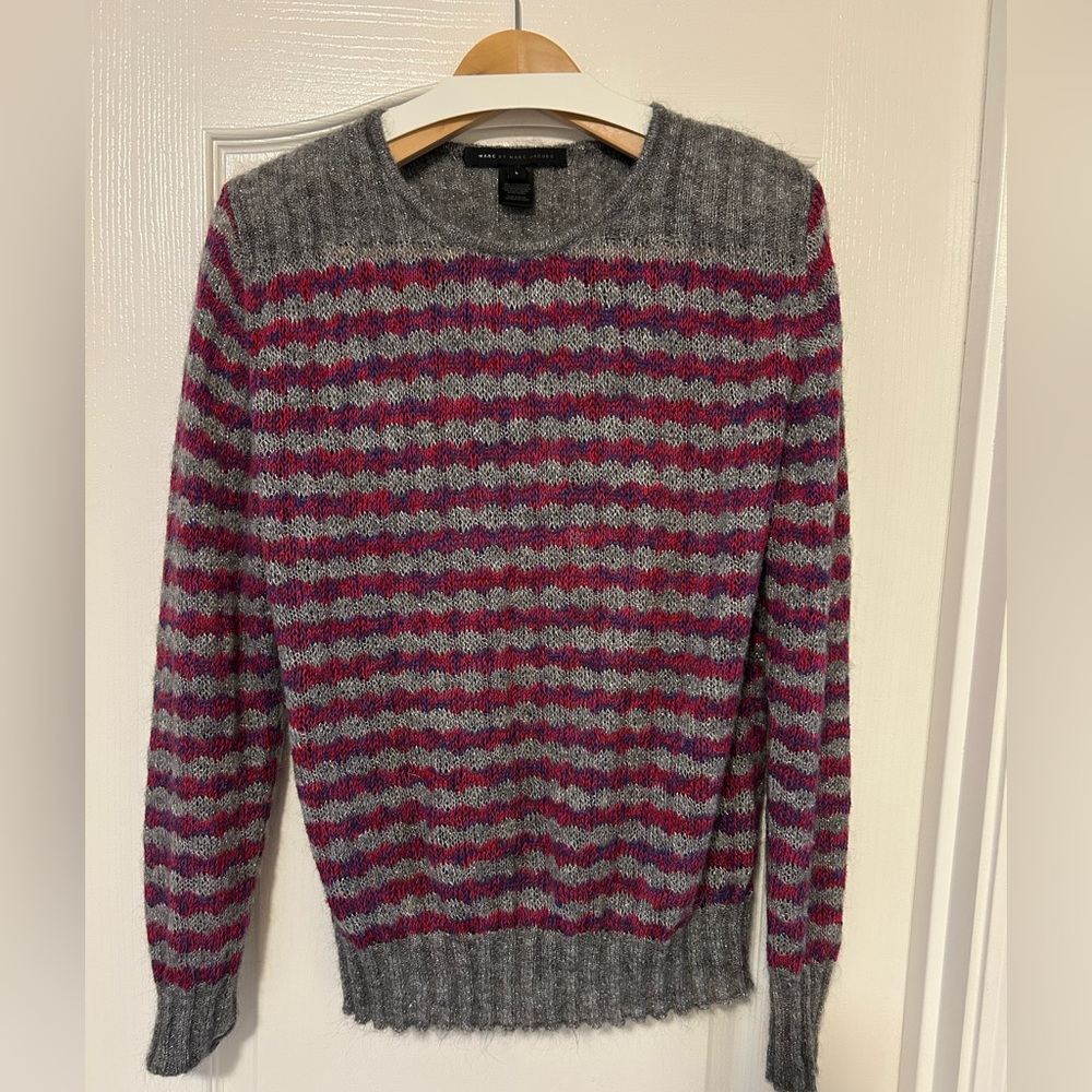 Marc By Marc Jacobs Gray and Pink Striped Crewneck Sweater, size L